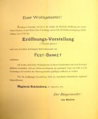 Liberec, Reichenberger Stadttheater, otevření, pozvánka na banket, 1883