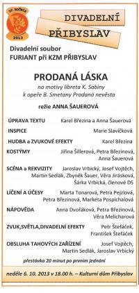 Přibyslav, Furiant, Prodaná láska - program, Divadelní Přibyslav 2013