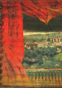 Lipnice nad Sázavou, Ochotníci, detail opony, veduta obce po požáru roku 1869