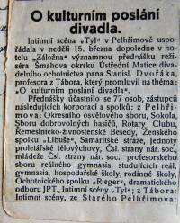 Pelhřimov, Intimní scéna Tyl, přednáška O kulturním poslání divadla, novinový článek, 1. část, 1930
