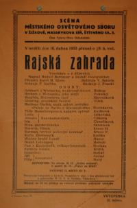 Praha-Žižkov, Scéna Městského osvětového sboru, Rajská zahrada - plakát, 1933