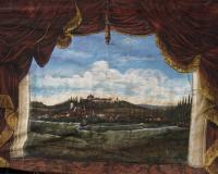 Chlumec nad Cidlinou, Veduta města, Josef Barták, 1890, divadlo, opona před restaurováním