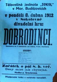 Moravské Budějovice, Sokol, Dobrodinci - plakát, 1912