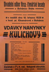 Boháňka-Skála, Hospodářsko-čtenářská beseda, Vdavky Nanynky Kulichovy- plakát, 1929