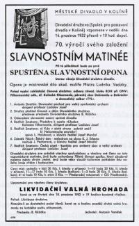 Kolín, Městské divadlo, 70. výročí činnosti Divadelního družstva, slavnostní spuštění opony - plakát, 1952