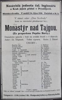 Prostějov, PAMÁTNÍK o div. činnosti J. Zlámala, Jednota čsl. Legionářů, Monastýr nad tajgou - plakát, 1930