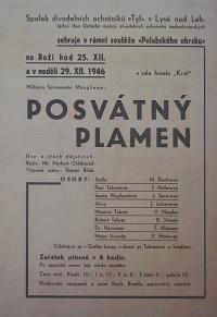 Lysá nad Labem, výstava DIVADLO JE PODIVUHODNÁ VĚC..., Posvátný plamen 1946, výstavní panel, 2018