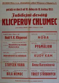 Nový Bydžov, Jirásek, Plakáty, X. Klicperův Chlumec - plakát, 1955