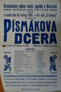 Hořice, Katolické spolky, Písmákova dcera - plakát, 1926