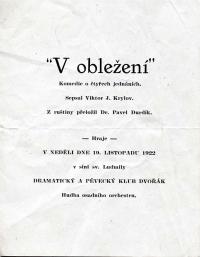 Cedar Rapids, Dramatický a pěvecký klub Dvořák, V obležení - program, 1922