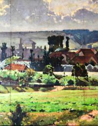 Sazená, veduta obce, autor František Slabý, detail opony, 1908