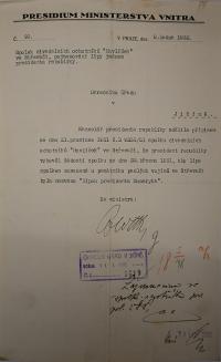 Střevač, Havlíček, korespondence s Kanceláří presidenta republiky, 1932