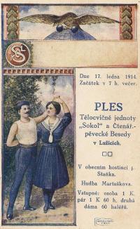 Lužice, Čtenářsko ochotnický kroužek (beseda) a Sokol, pozvánka na ples, 1914