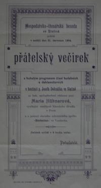 Slatina (Rychnov nK), Hospodářsko čtenářská beseda, Přátelský  večírek, jh. M.Hübnerová - plakát, 1904