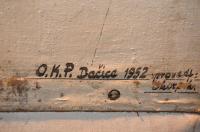 Dačice, Městské kulturní středisko, signatura na oponě, 1952