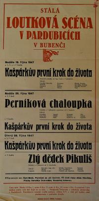 Pardubice, Loutková scéna, Kašpárkův první krok do života - Perníková chaloupka - Zlý dědek Pikuliš - plakát, 1947