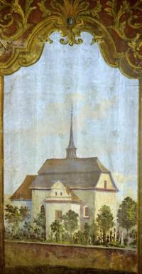 Havlíčkův Brod, Ochotníci, detail opony veduta města, 1873