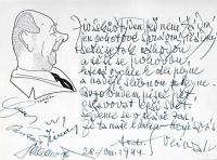 14.JH, zakázaný, Freiwaldův lístek s verši a karikaturou, Fotoalbum Jiráskových Hronovů 1931-1948