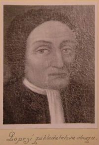 Miletín, Muzeum 1/12, Šourek, Jan, rychtář, zakladatel kaple sv. Prokopa. Obraz z průčelí kaple.  Detail.