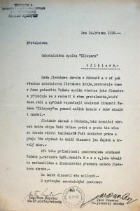 Jihlava, Klicpera, dopis Jiráskova okrsku Náchod, 1938