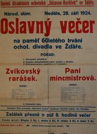 Žďár nad Sázavou, Sázavan-Havlíček, Oslavný večer - plakát, 1924