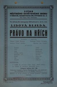 Praha-Žižkov, Scéna Městského osvětového sboru, Právo na hřích - plakát, 1933