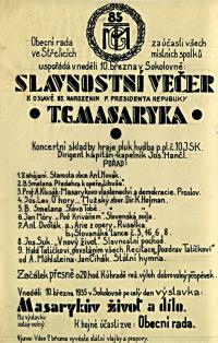 Střelice, Sokol, Slavnostní večer T. G. Masaryka - plakát, 1935