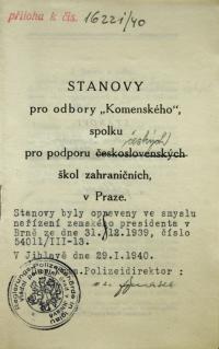 Jihlava, Komenský, spolkové stanovy, 1940