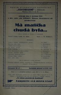 Praha-Žižkov, SDO Osvobození, Má matička chudá byla - plakát, 1933