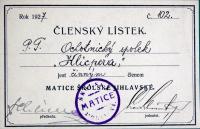 Jihlava, Klicpera, korespondence spolku, členský lístek, 1927