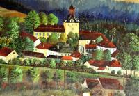 Košátky, detail opony, veduta obce, asi 1900