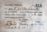 Hugo Günter-Lounský, členský průkaz Kruhu autorů a přátel populární hudby v Praze, 1936
