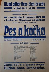 Boháňka-Skála, Hospodářsko-čtenářská beseda, Pes a kočka - plakát, 1929