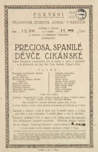 Kyšice, Sokol, Preciosa, spanilé děvče cikánské – plakát, 1921