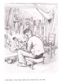 Boška Jindřich maluje oponu, kresba Jindř. Bošky ml. 1945