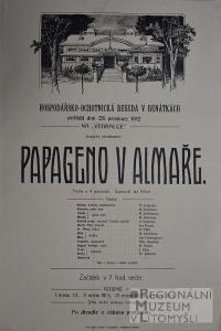 Benátky, Hospodářsko-ochotnická beseda, Papageno v almaře - plakát, 1912