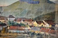 Budětice, Spolek divadelních ochotníků, opona Veduta obce, autor Kobza, 190x