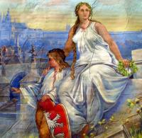 Choťánky, o. Nymburk, opona Matka vlast, v pozadí Hradčany, Karlův most, neznámý autor, soukromé vlastnictví, detail, s.a.