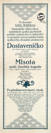 Plzeň, Sdružené katolické spolky, Dostaveníčko; Mlsota – plakát, 1913