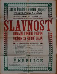 Kacákova Lhota, Klicpera, Slavnost odhalení pomníku - plakát, 1922