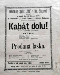 Dolní Stakory, ochotnický spolek Tyl, Kabát dolů (Josef Josefovič) / Prodaná láska (Jan Neruda) - plakát, 1890
