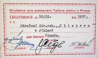 Jihlava, Klicpera, korespondence spolku, legitimace člena Družstva pro postavení Tylova domu, 1937