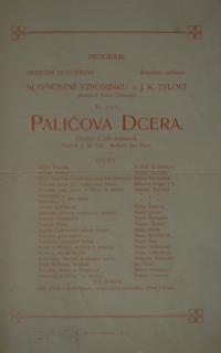 Praha-Libeň, Lidové divadlo, Paličova dcera - program, 1906