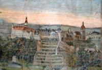 Nové Město nad Metují, detail opony, pohled na město s dominantou zámku a kostela, Josef Šrůtek