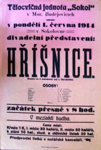 Moravské Budějovice, Sokol, Hříšnice - plakát, 1914
