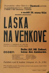 Třebíč, Vrchlický, Opatov, Sokol, Láska na venkově - plakát, 1934
