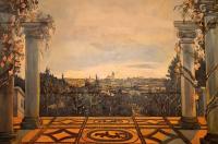 Dačice, Městské kulturní středisko, detail opony, mohutné sloupoví, veduta města, 1952