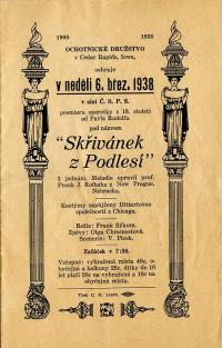 Cedar Rapids, Ochotnické družstvo, Skřivánek z podlesí - program, 1938