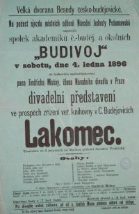 České Budějovice, Budivoj, Lakomec – plakát, 1896