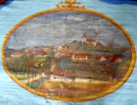 Kostelec u Křížků, opona, veduta obce, detail, 192x